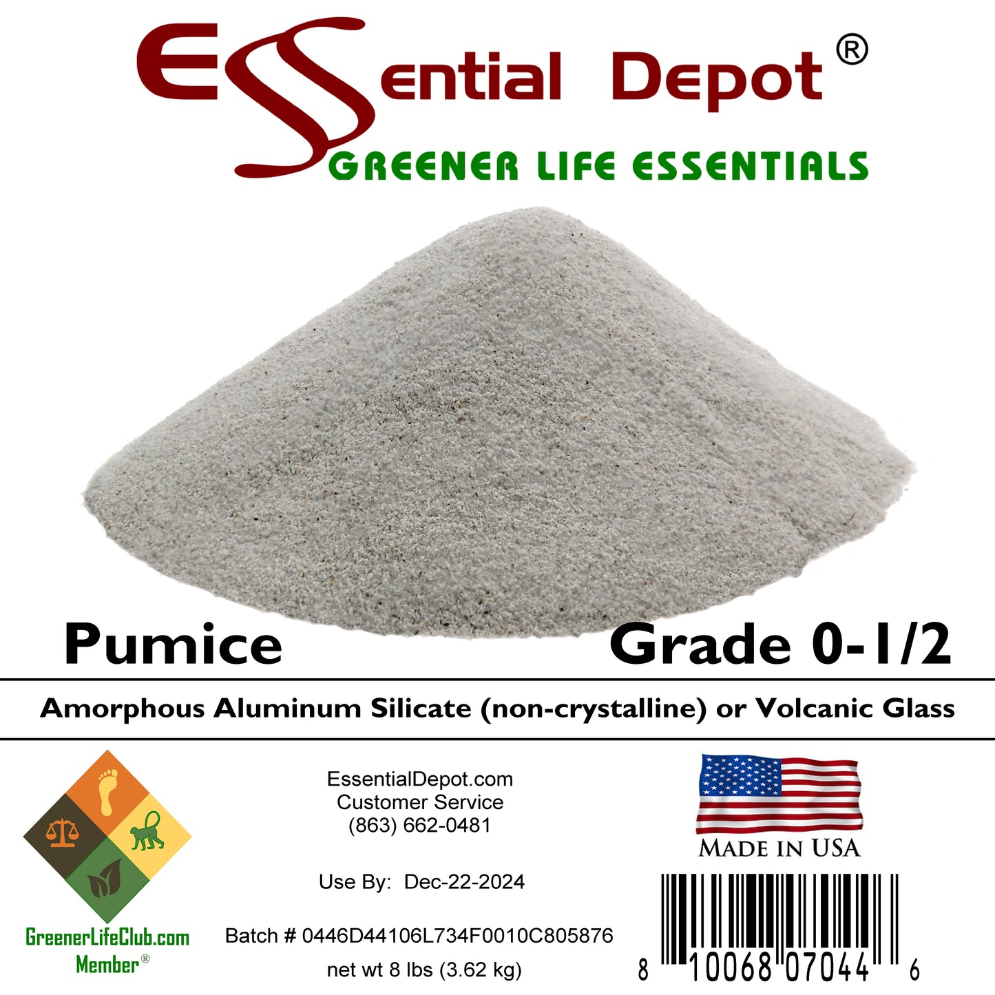 PUMICE - 8 lbs - Grade: 0 - 1/2 - Amorphous Aluminum Silicate or Volcanic Glass - U.S.A. Made - FREE US SHIPPING