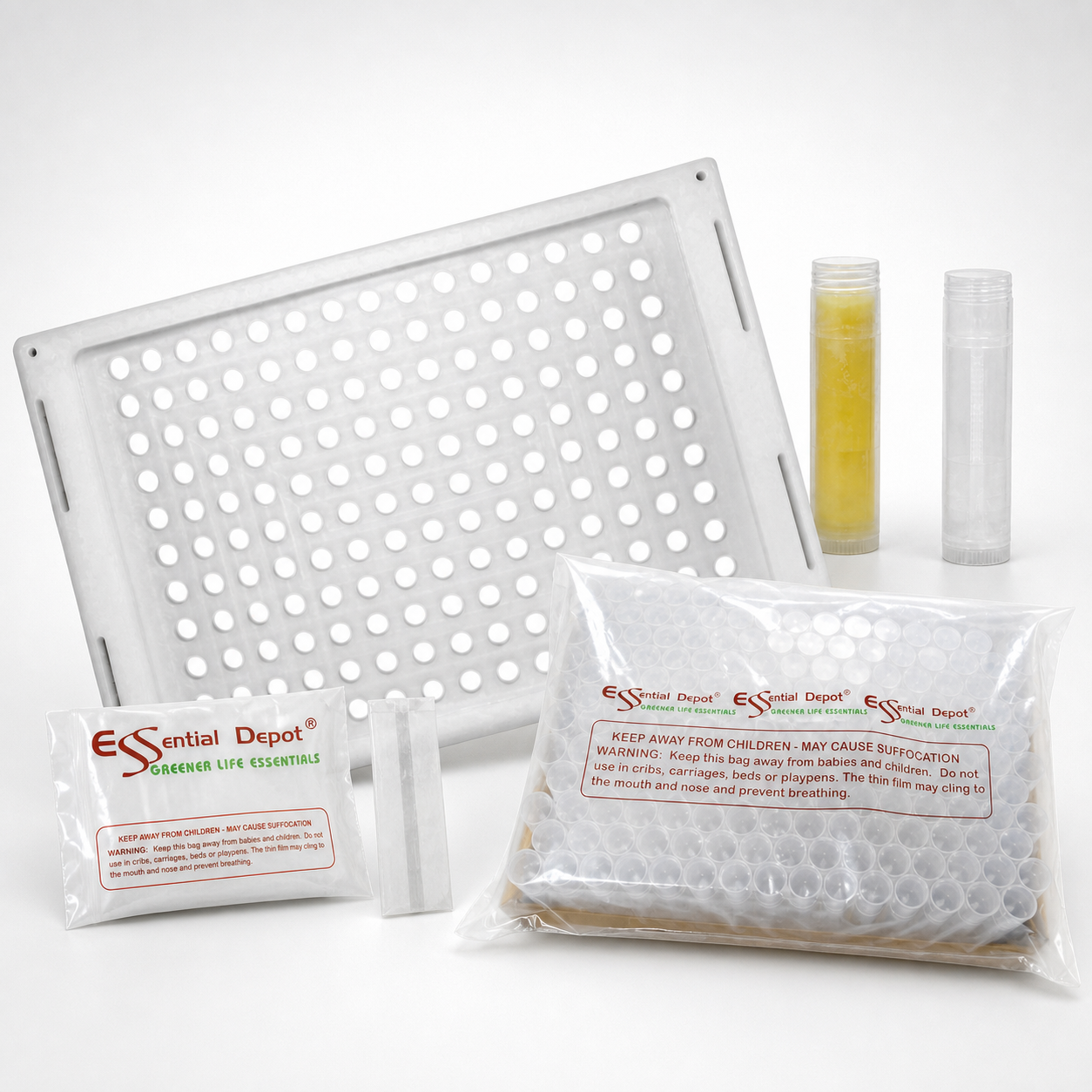 165 Balm Tube Tray (HDPE) - 165 Balm Tubes & Caps (HDPE) - 165 Seal Sleeves (PP) - Scraper (PP)