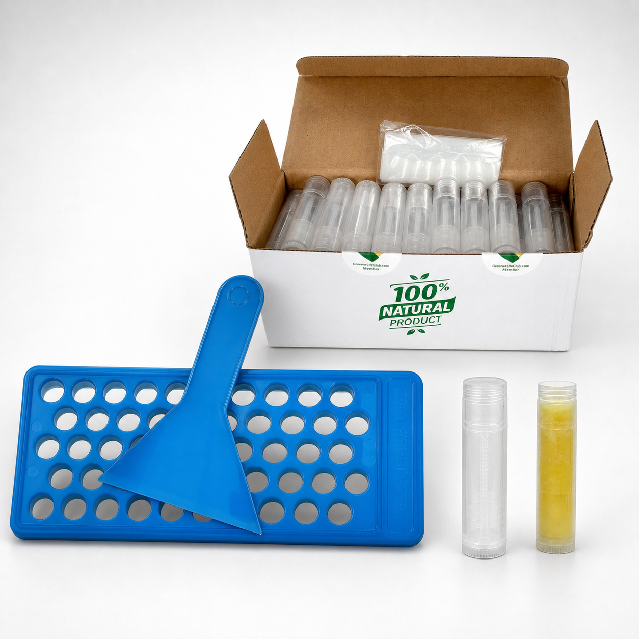 50 Balm Tube Tray (HDPE) - 50 Balm Tubes & Caps (HDPE) - 50 Seal Sleeves (PP) - Scraper (PP)