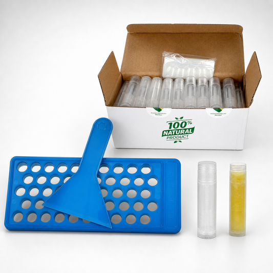 50 Balm Tube Tray (HDPE) - 50 Balm Tubes & Caps (HDPE) - 50 Seal Sleeves (PP) - Scraper (PP)