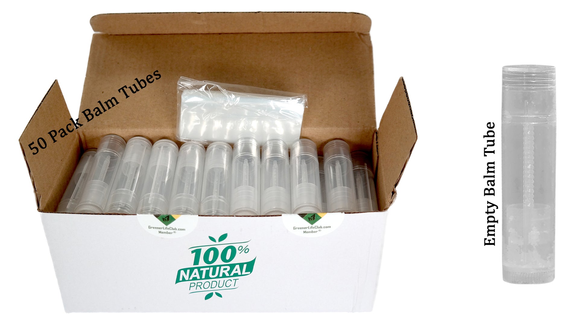 50 Balm Tube Tray (HDPE) - 50 Balm Tubes & Caps (HDPE) - 50 Seal Sleeves (PP) - Scraper (PP)