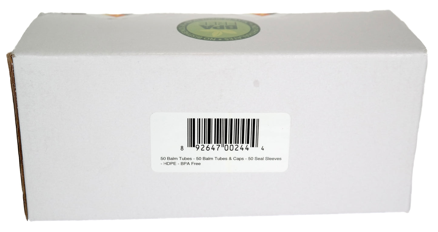 50 Balm Tube Tray (HDPE) - 50 Balm Tubes & Caps (HDPE) - 50 Seal Sleeves (PP) - Scraper (PP)
