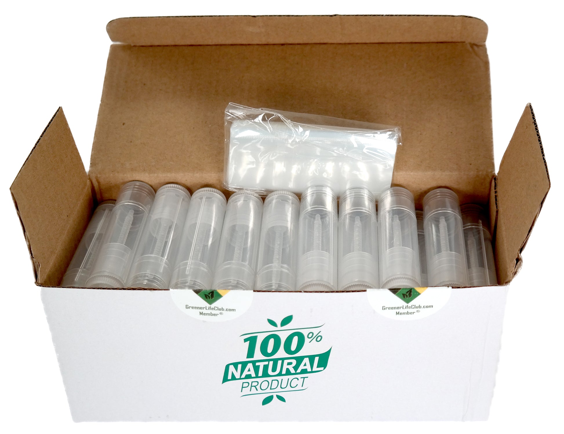 50 Balm Tube Tray (HDPE) - 50 Balm Tubes & Caps (HDPE) - 50 Seal Sleeves (PP) - Scraper (PP)