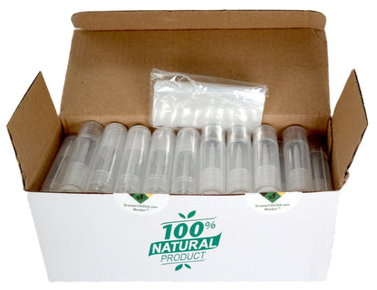 50 Balm Tube Tray (HDPE) - 50 Balm Tubes & Caps (HDPE) - 50 Seal Sleeves (PP) - Scraper (PP)