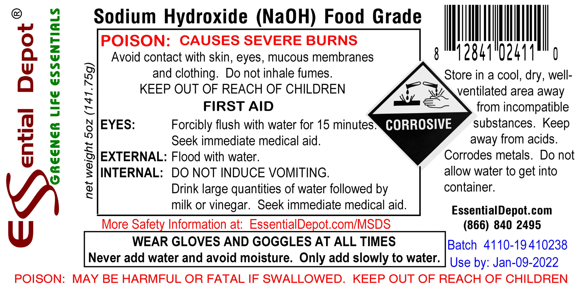 Sodium Hydroxide Lye - Food Grade - USP - 1.25 lb - 4 x 5 oz. Bottles