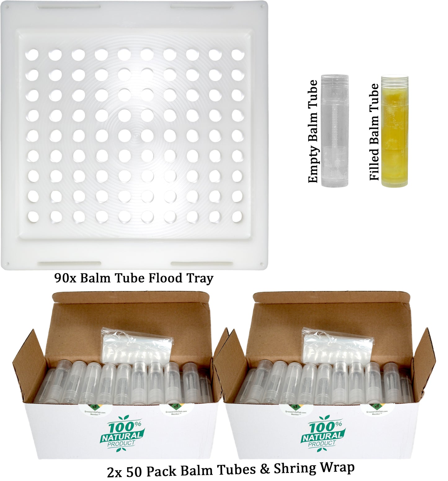 90 Balm Tube Tray (HDPE) - 100 Balm Tubes & Caps (HDPE) - 100 Seal Sleeves (PP) - Scraper (PP)