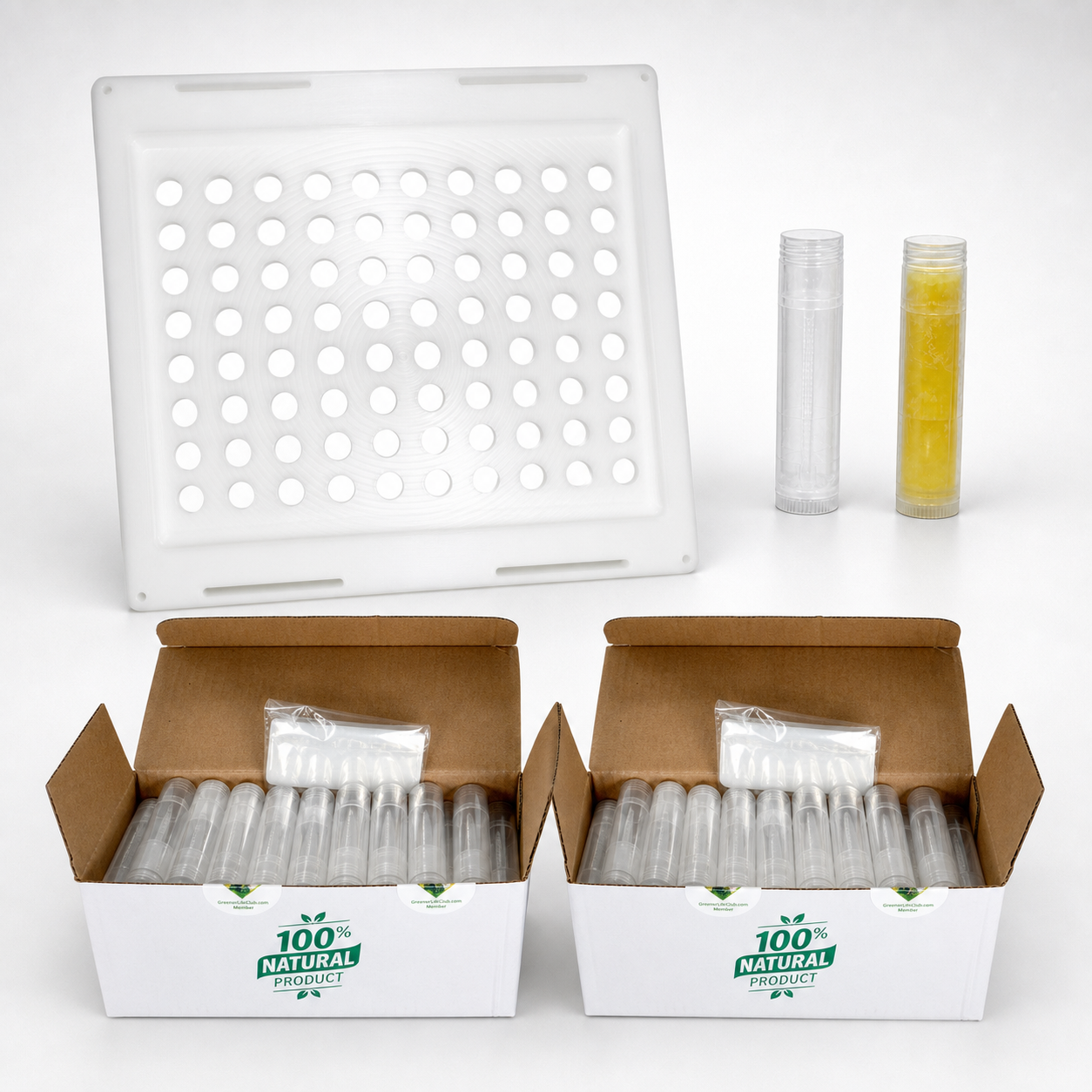 90 Balm Tube Tray (HDPE) - 100 Balm Tubes & Caps (HDPE) - 100 Seal Sleeves (PP) - Scraper (PP)