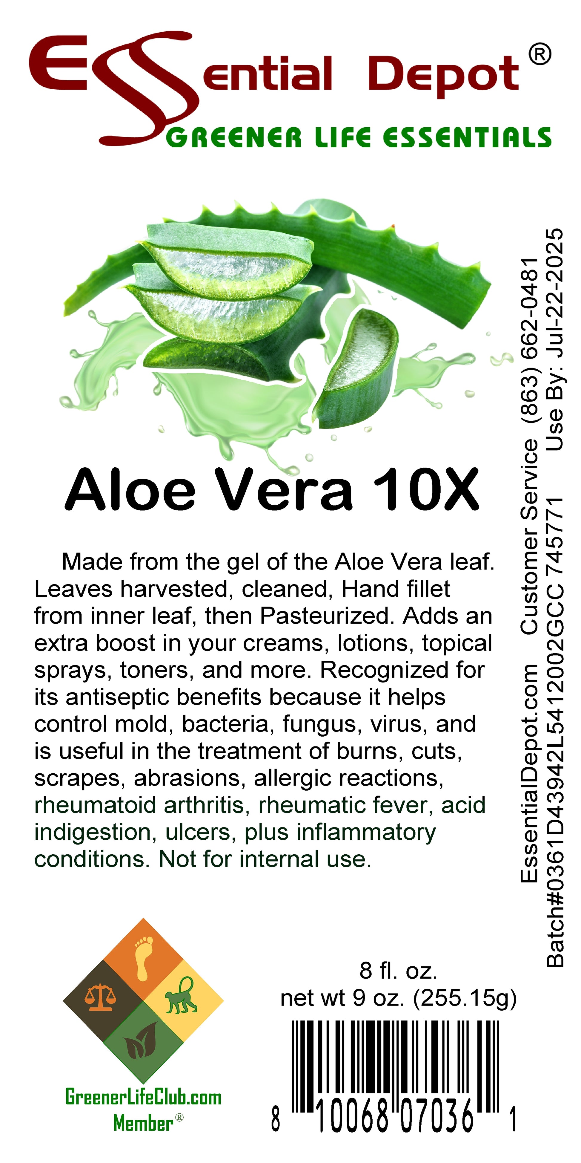 Aloe Vera - Gel - 10X - Decolorized - No Chemical Processing - 8 fl oz (9 oz net wt)