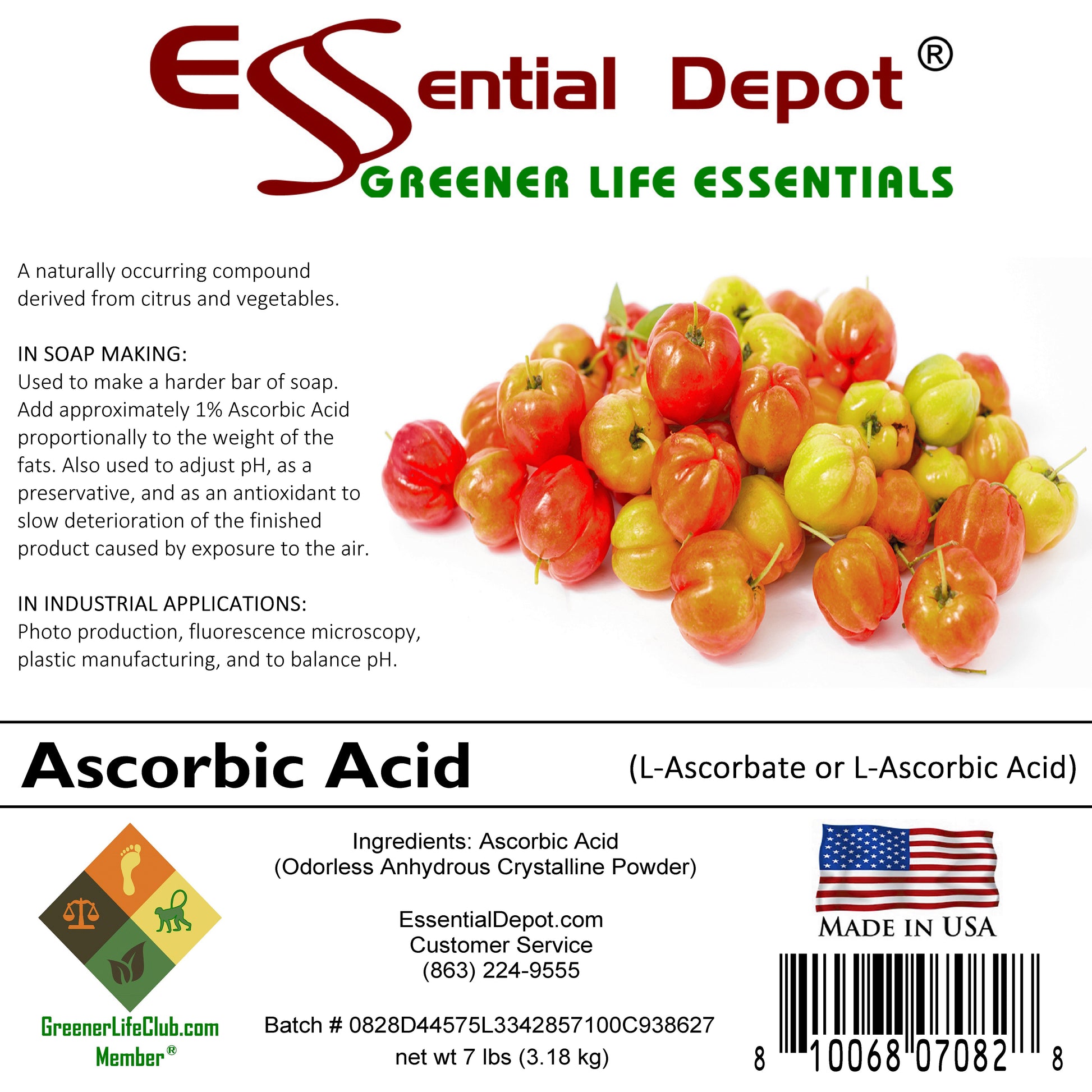 Ascorbic Acid - Vitamin C - L-Ascorbate,  C6H8O6 - granular - 7 lbs - FREE US SHIPPING