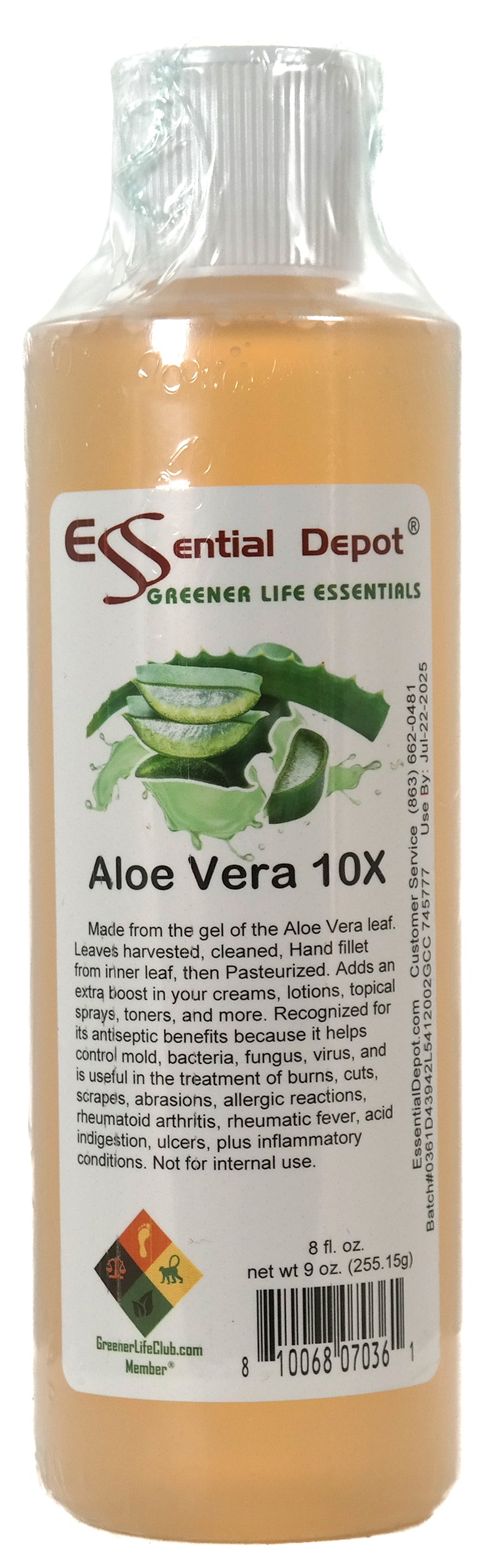 Aloe Vera - Gel - 10X - Decolorized - No Chemical Processing - 8 fl oz (9 oz net wt)