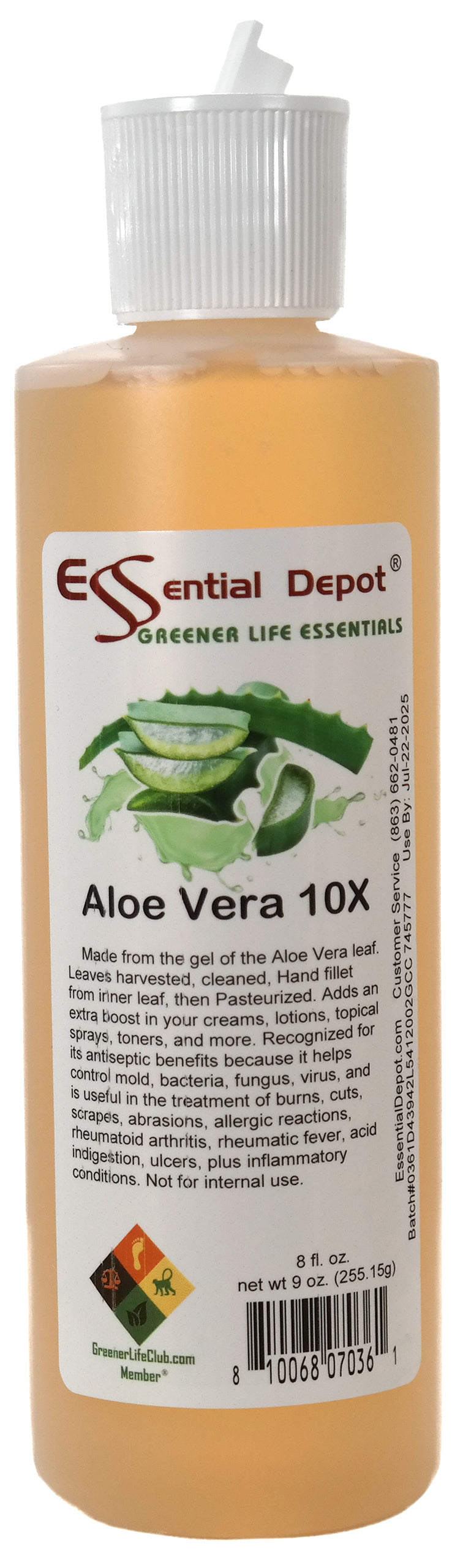 Aloe Vera - Gel - 10X - Decolorized - No Chemical Processing - 8 fl oz (9 oz net wt)