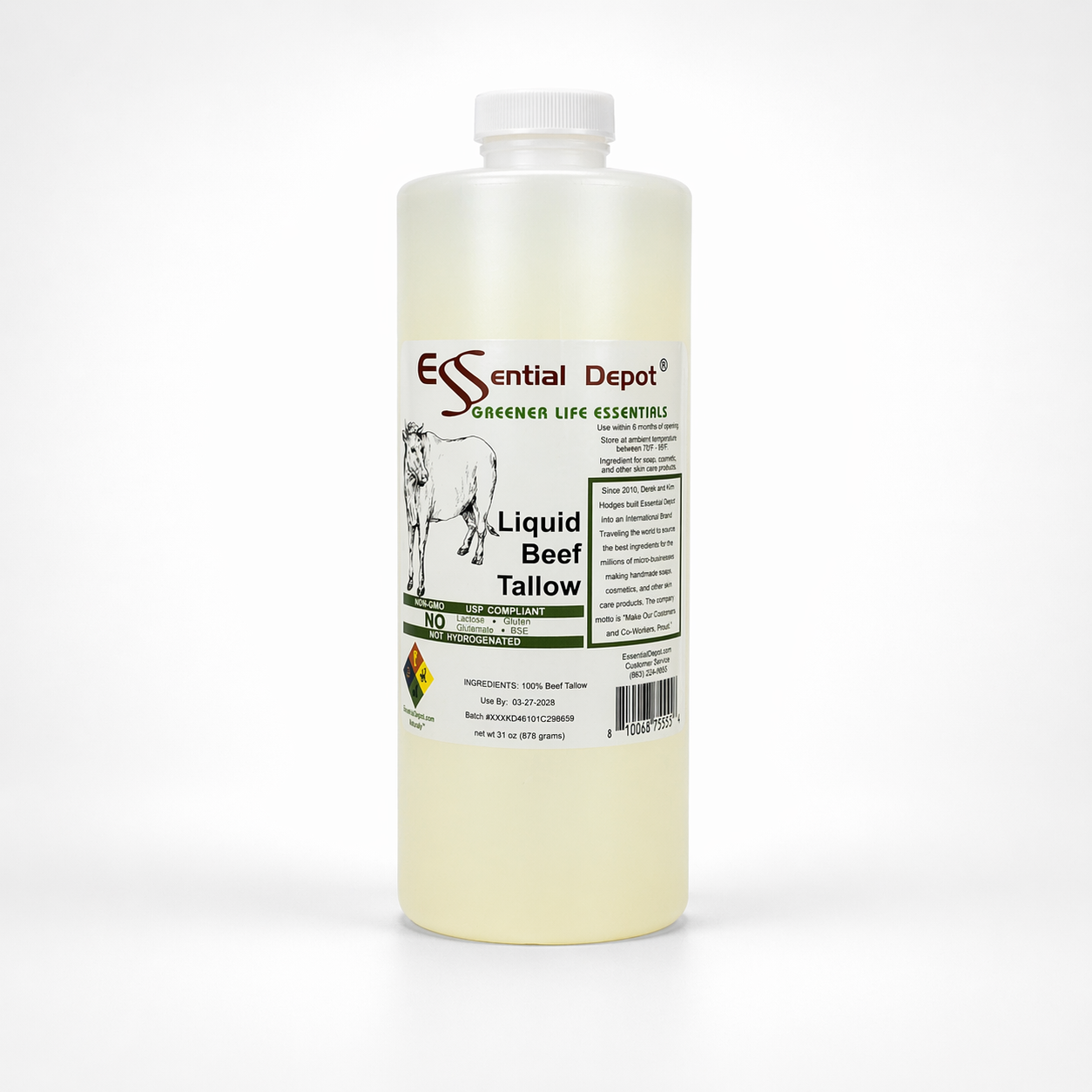 LIQUID Beef Tallow - Quart - 31 oz nt wt - FOOD GRADE - No Additives - for soap and skin care products