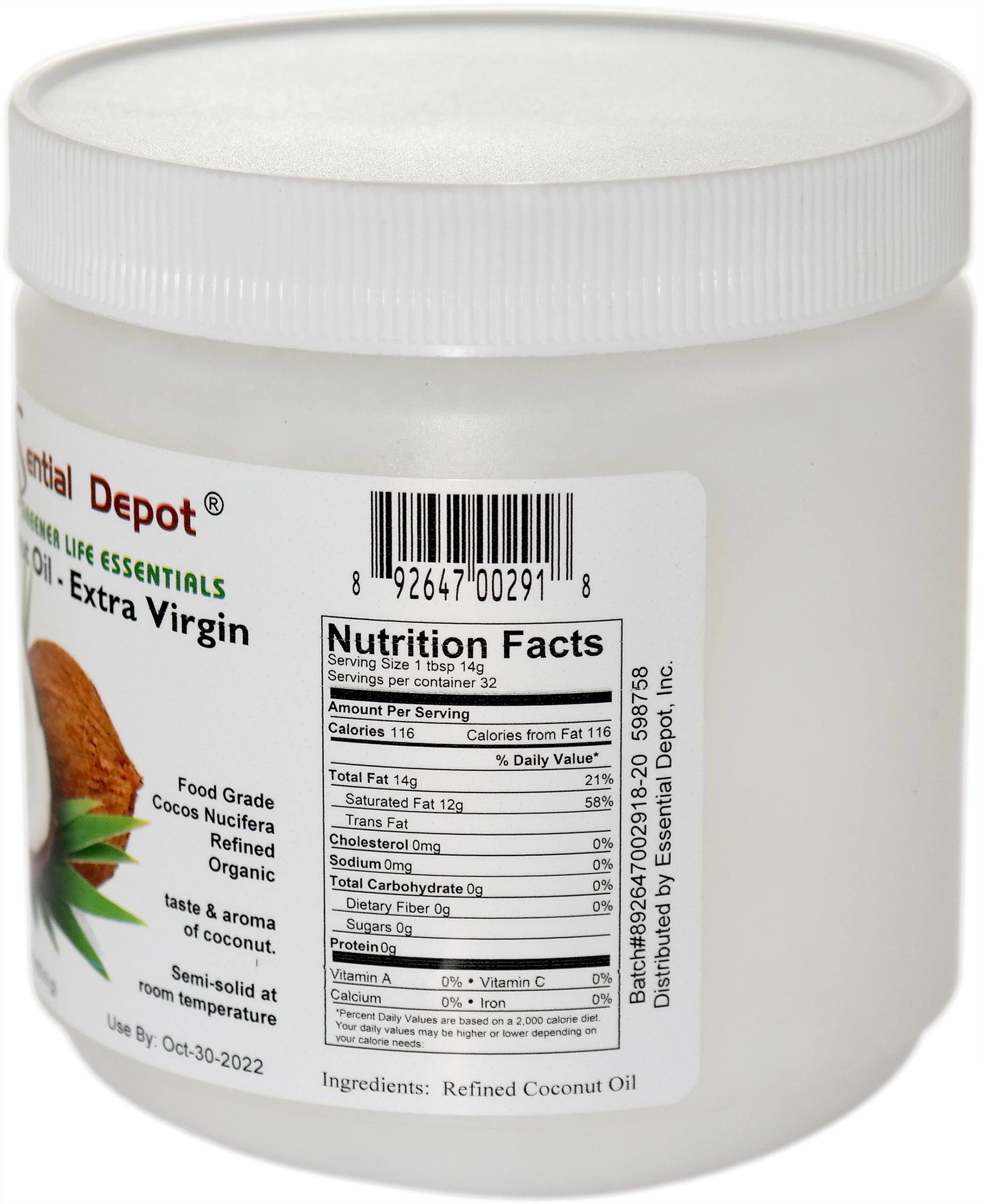 Coconut Oil - Extra Virgin - 16 oz - 1 lb - USP - Food Grade - Coconut Odor and Taste