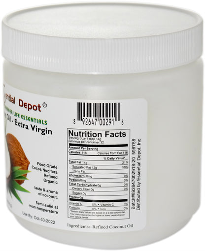 Coconut Oil - Extra Virgin - 16 oz - 1 lb - USP - Food Grade - Coconut Odor and Taste