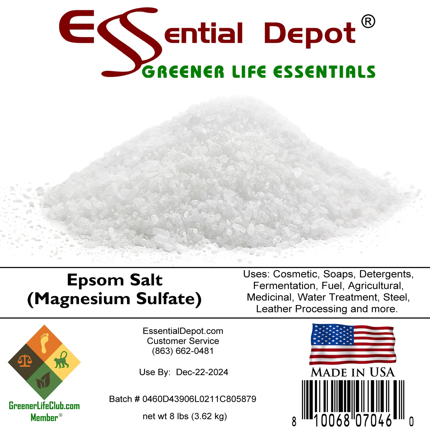 EPSOM SALT - MAGNESIUM SULFATE - MgS04 - 8 LBS - Greener Life Club Box  - FREE US SHIPPING