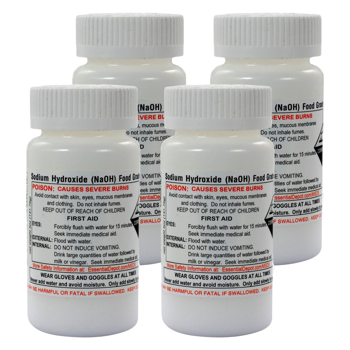 Sodium Hydroxide Lye - Food Grade - USP - 1.25 lb - 4 x 5 oz. Bottles