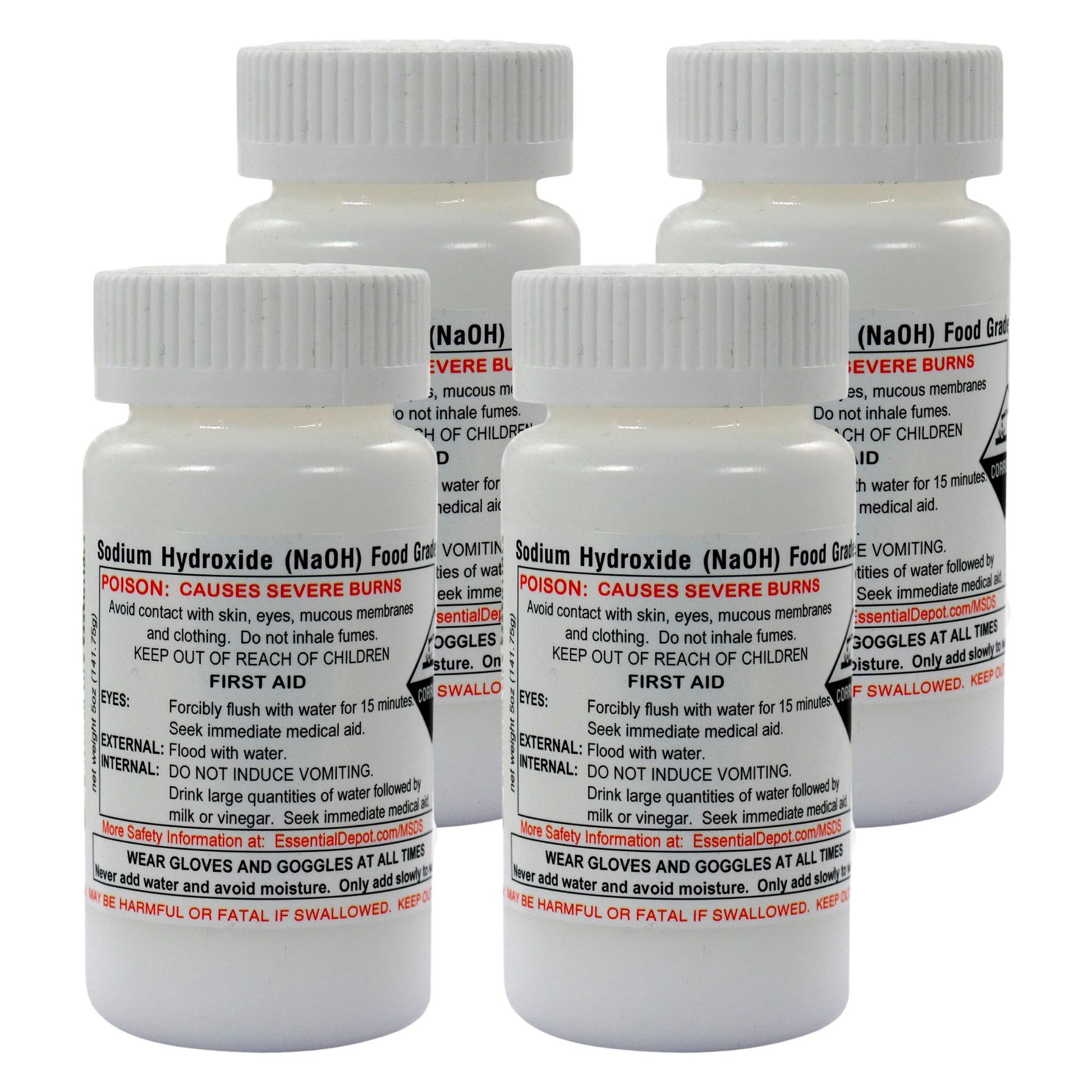 Sodium Hydroxide Lye - Food Grade - USP - 1.25 lb - 4 x 5 oz. Bottles