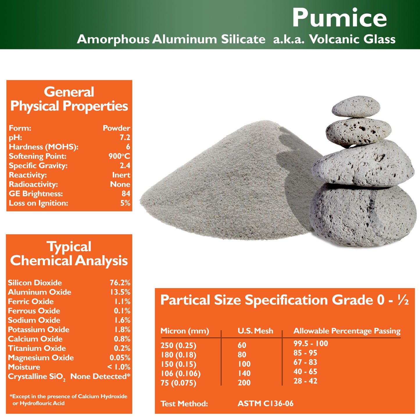 PUMICE - 8 lbs - Grade:  0 - 1/2 - Amorphous Aluminum Silicate or Volcanic Glass - U.S.A. Made  - FREE US SHIPPING