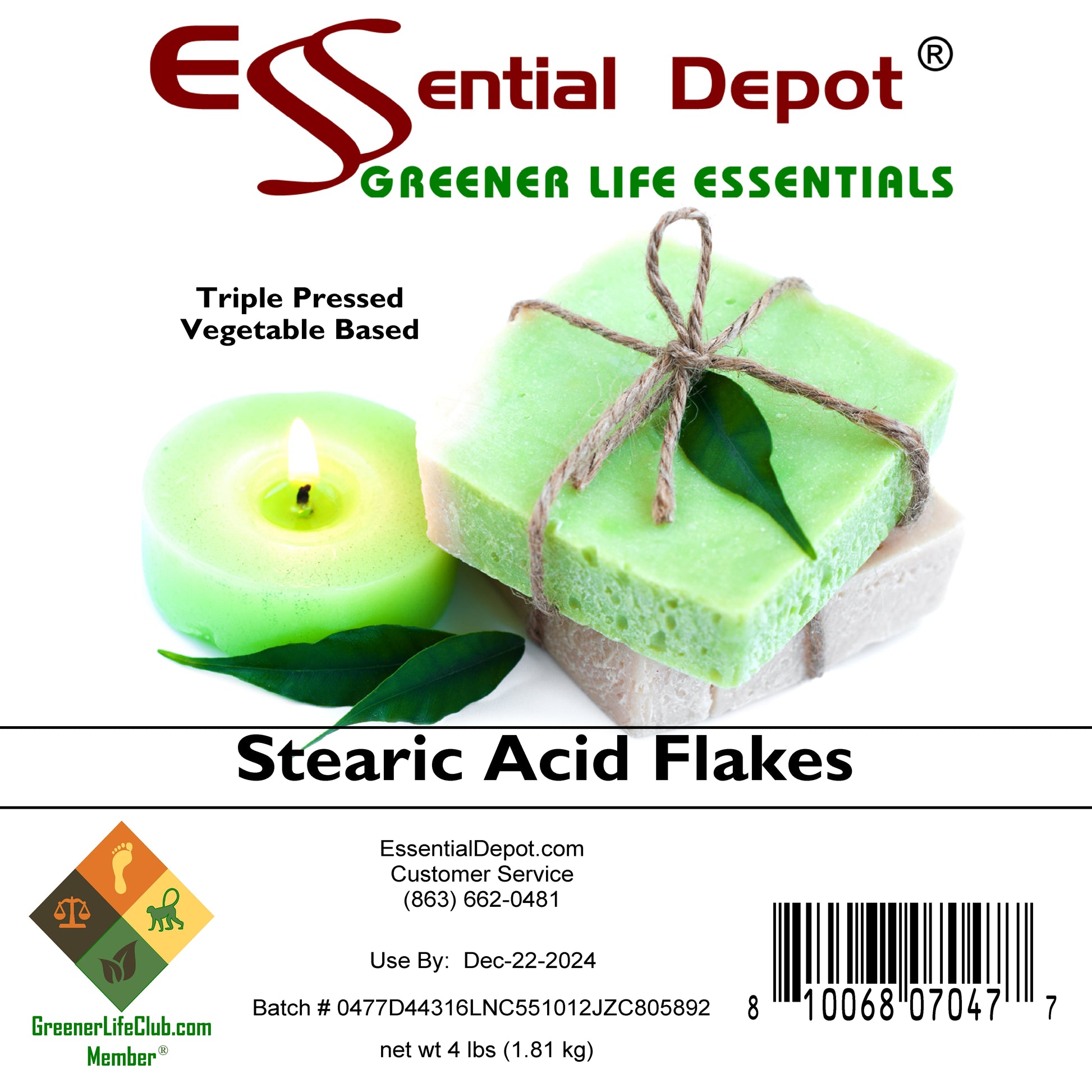 Stearic Acid - Triple Pressed - Vegetable Based - White Flakes - 4 lbs - Greener Life Club Box  - FREE US SHIPPING