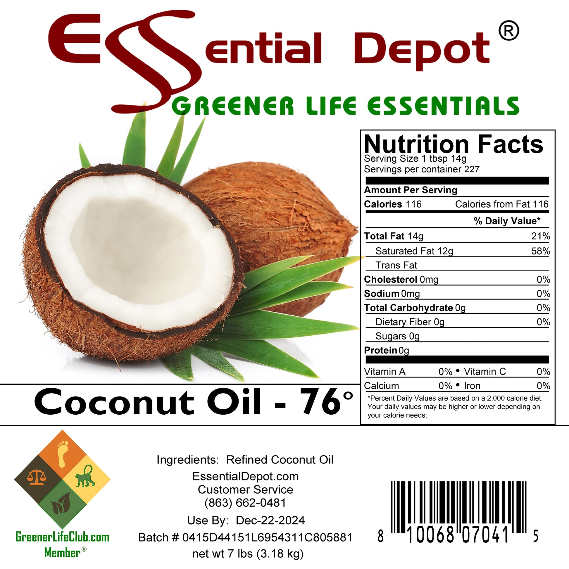Coconut Oil 76F - 7 lbs - GLC Box - USP - Food Grade - Odorless - Tasteless
