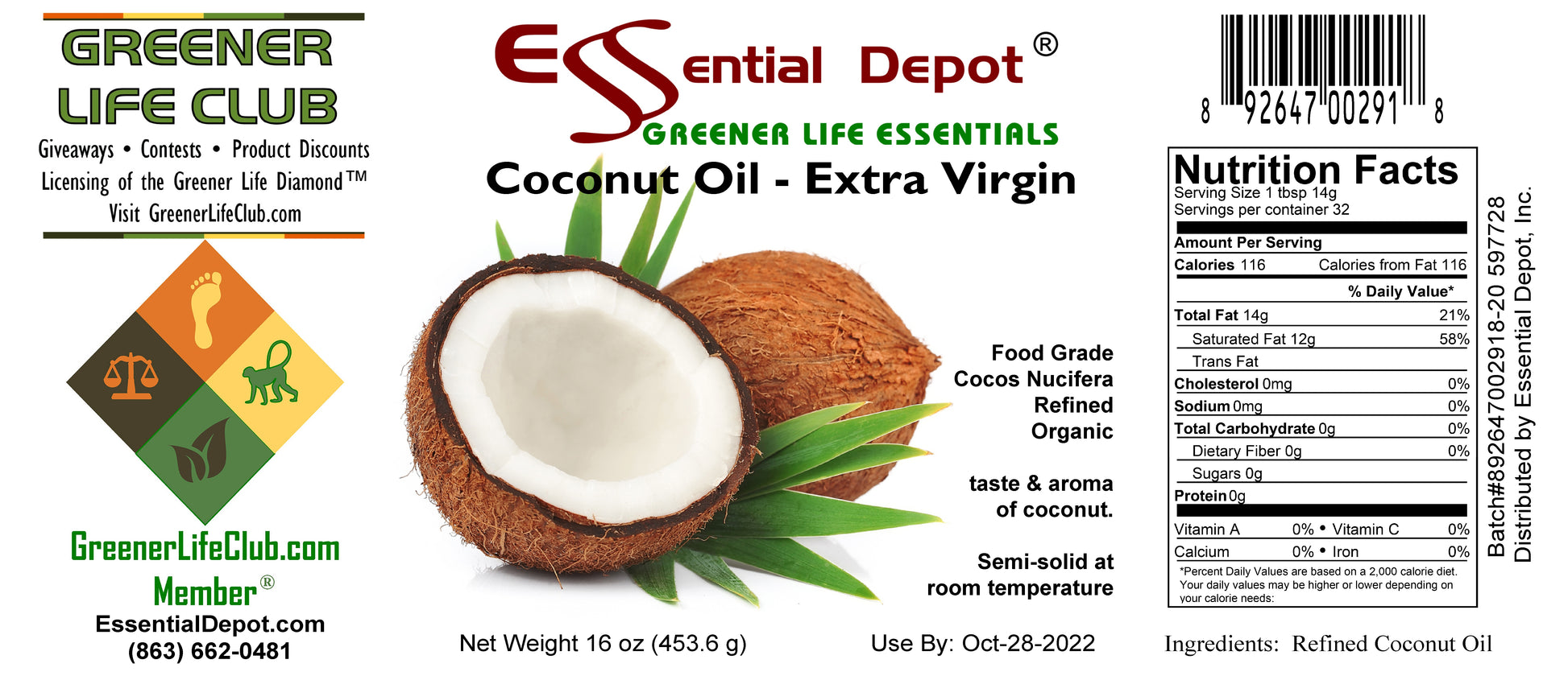 Coconut Oil - Extra Virgin - 16 oz - 1 lb - USP - Food Grade - Coconut Odor and Taste