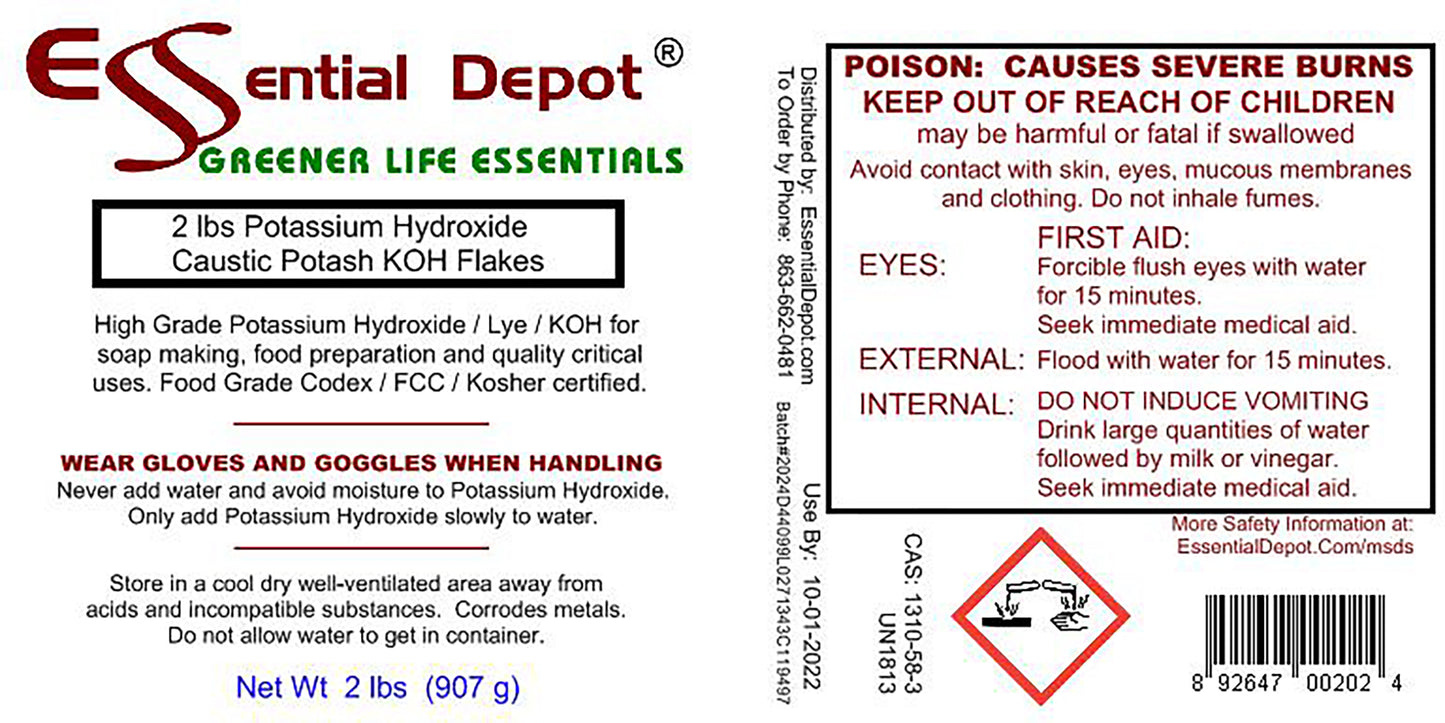 Potassium Hydroxide Flakes KOH, Caustic Potash Anhydrous KOH Dry - 2 lbs - 1 x 2 lbs