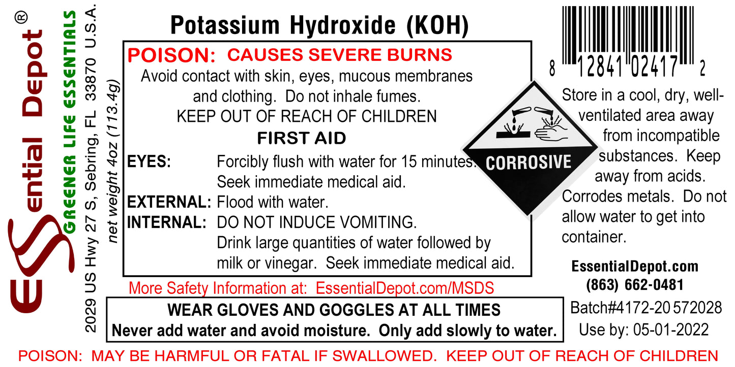 Potassium Hydroxide Flakes KOH, Caustic Potash Anhydrous KOH Dry - 4 0z
