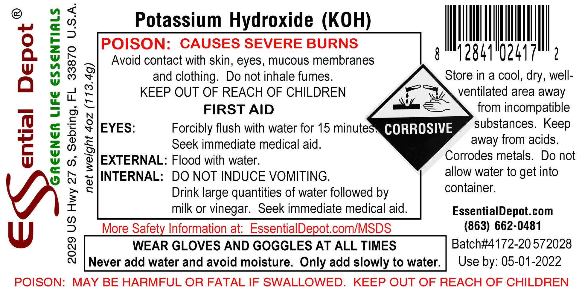 Potassium Hydroxide Flakes KOH, Caustic Potash Anhydrous KOH Dry - 1 lb - 4 x 4 oz. Bottles