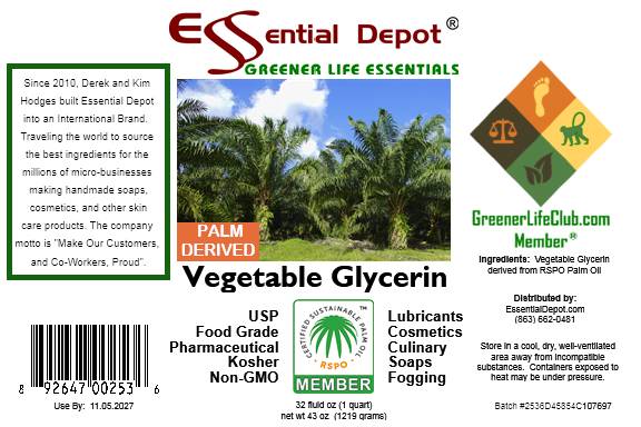 Glycerin Vegetable - 1 Quart (43 oz. net wt) - Non GMO - Sustainable Palm Based - USP - KOSHER