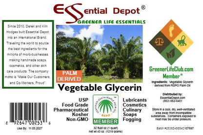 Glycerin Vegetable - 1 Quart (43 oz. net wt) - Non GMO - Sustainable Palm Based - USP - KOSHER