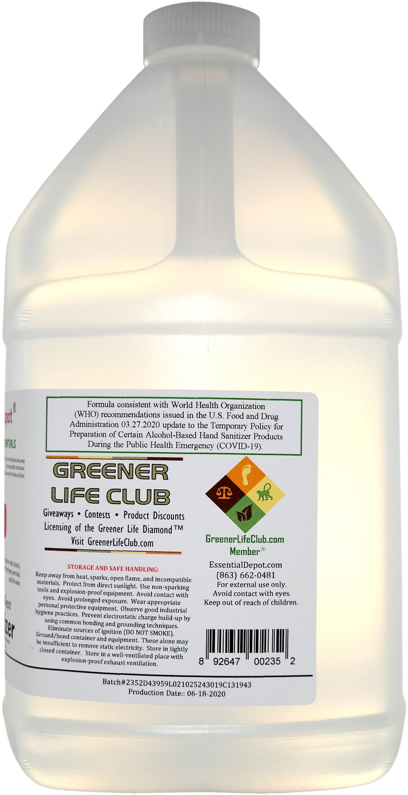 128oz (1 gallon) HAND SANITIZER - 80% Alcohol - W.H.O. Recommended Formula and Ingredients