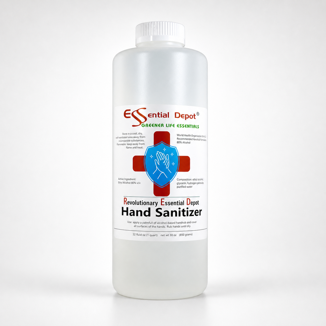 32oz (1 quart) HAND SANITIZER - 80% Alcohol - W.H.O. Recommended Formula and Ingredients