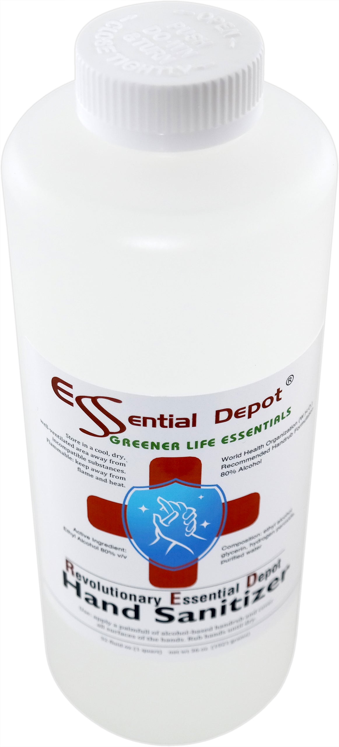 32oz (1 quart) HAND SANITIZER - 80% Alcohol - W.H.O. Recommended Formula and Ingredients