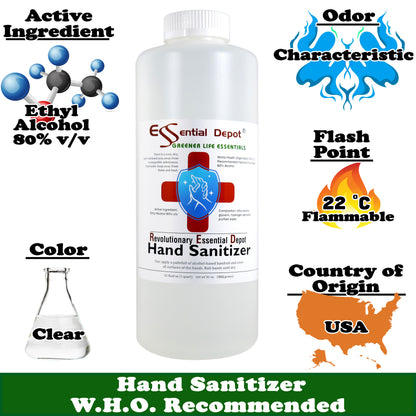 32oz (1 quart) HAND SANITIZER - 80% Alcohol - W.H.O. Recommended Formula and Ingredients