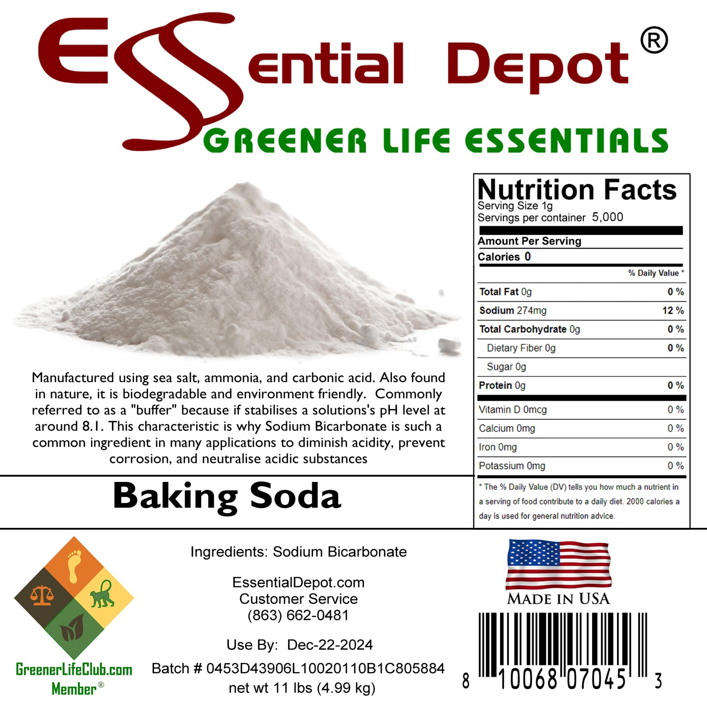 BAKING SODA - SODIUM BICARBONATE - Minimum 99% NaHCO3 - 11 lb in Greener Life Club Box  - FREE US SHIPPING