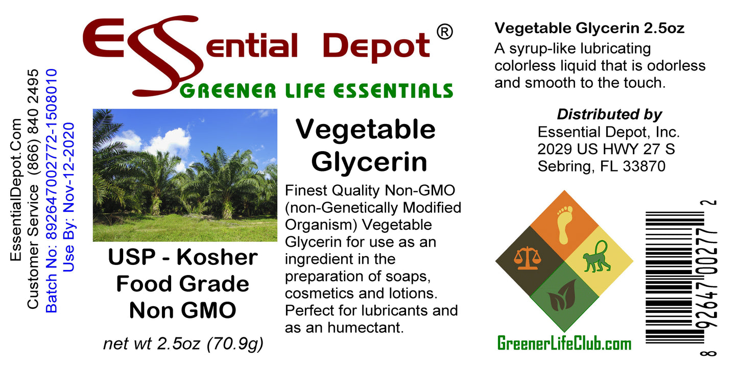 Glycerin Vegetable - 2.5 oz - Non GMO - Sustainable Palm Based - USP - KOSHER - Pharmaceutical Grade