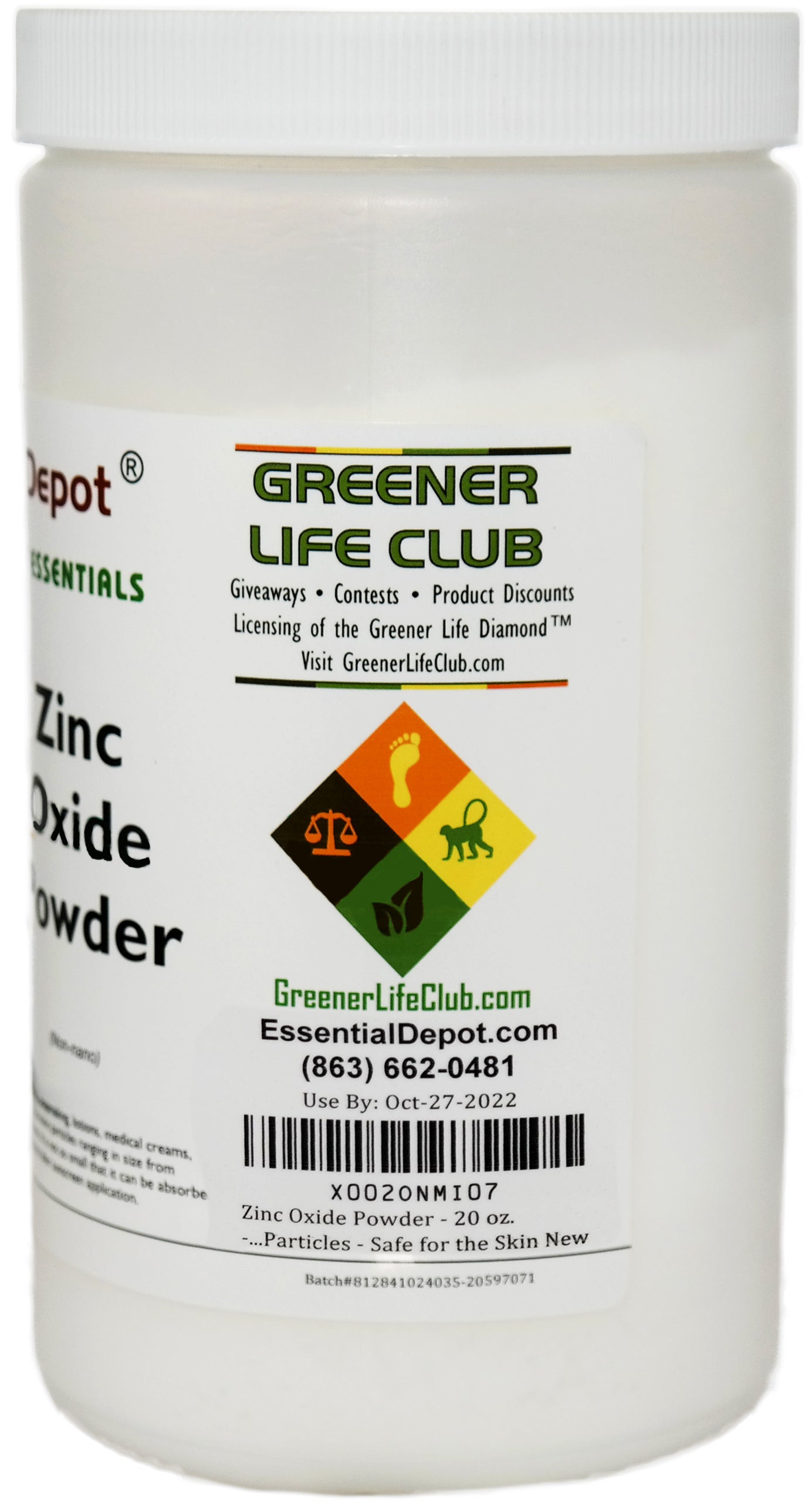 Zinc Oxide Powder - 20 oz - Non Nano ASTM D-4295 - safety sealed HDPE container with resealable lid