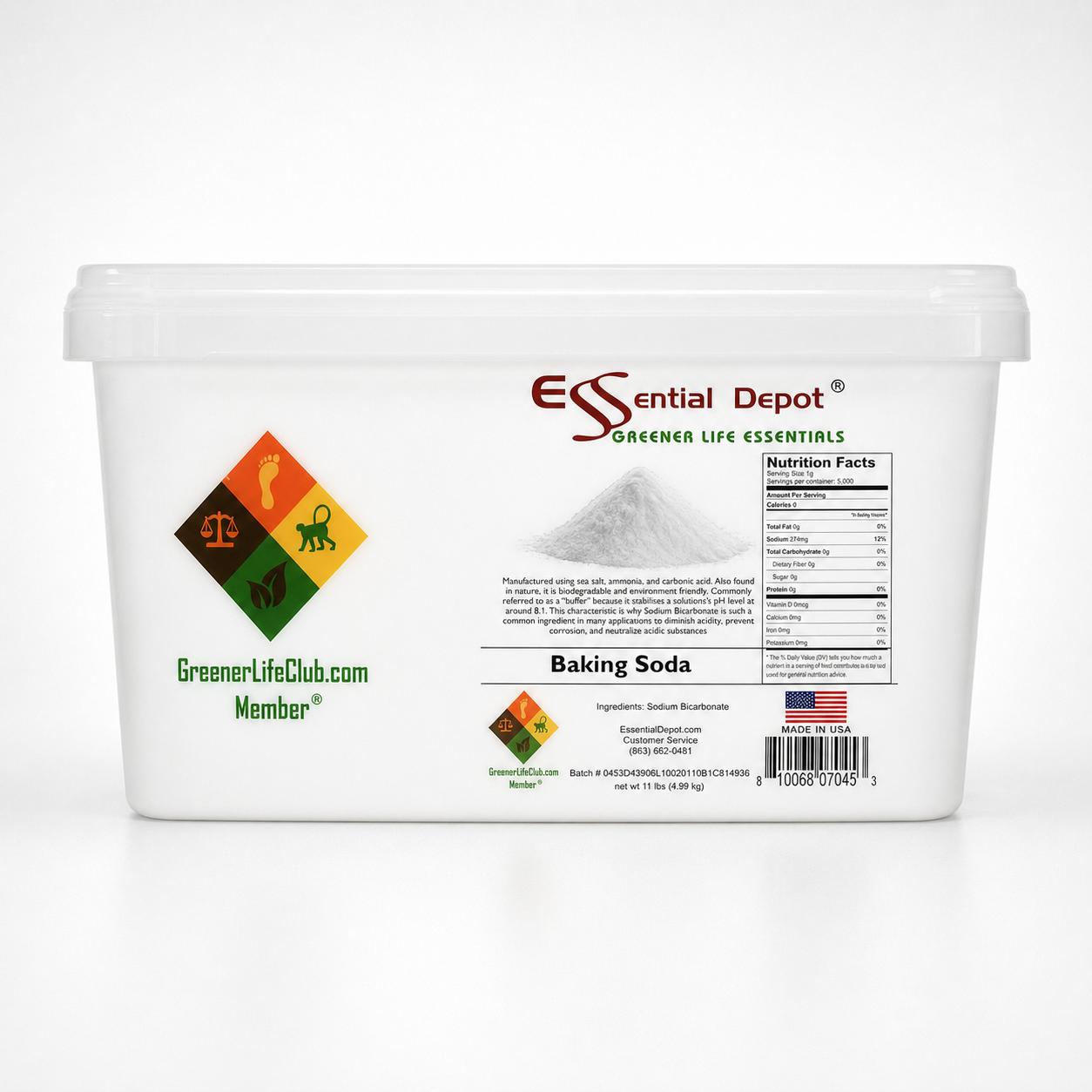BAKING SODA - SODIUM BICARBONATE - Minimum 99% NaHCO3 - 11 lb in Greener Life Club Box  - FREE US SHIPPING