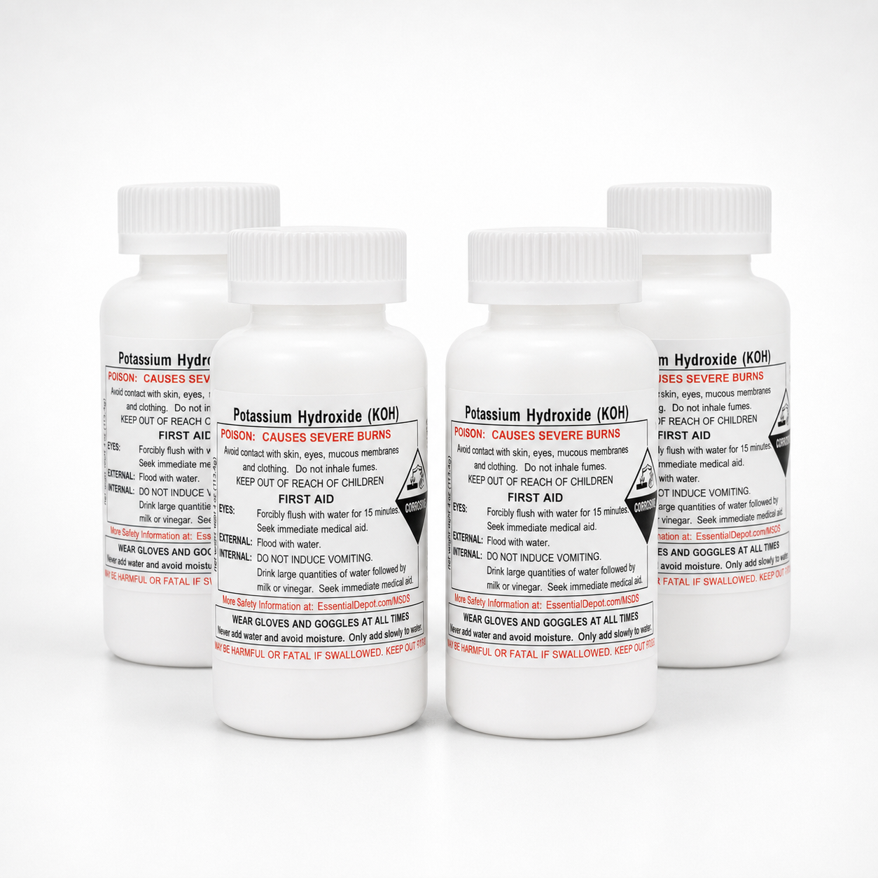 Potassium Hydroxide Flakes KOH, Caustic Potash Anhydrous KOH Dry - 1 lb - 4 x 4 oz. Bottles