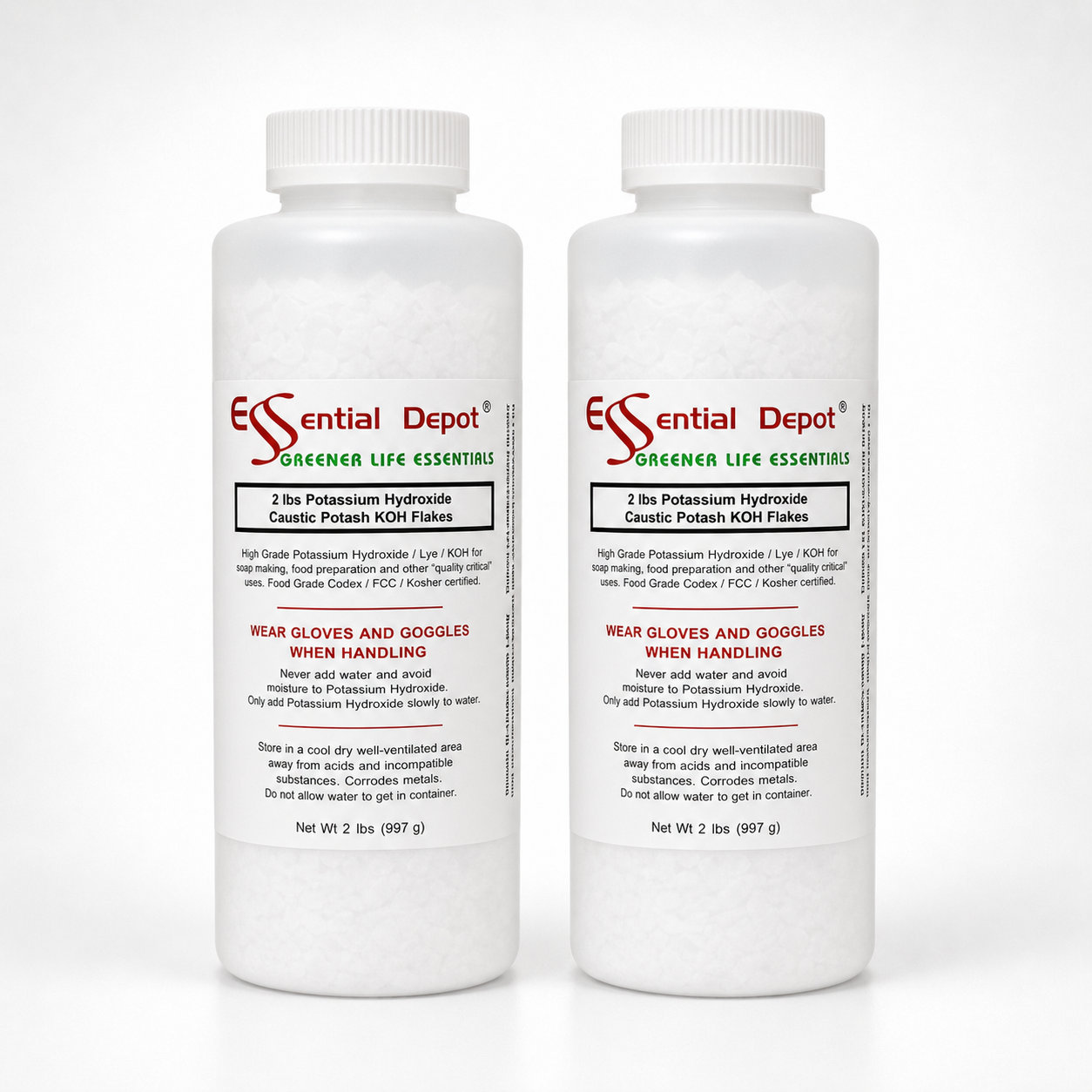 Potassium Hydroxide Flakes KOH, Caustic Potash Anhydrous KOH Dry - 4 lbs - 2 x 2lb Bottles
