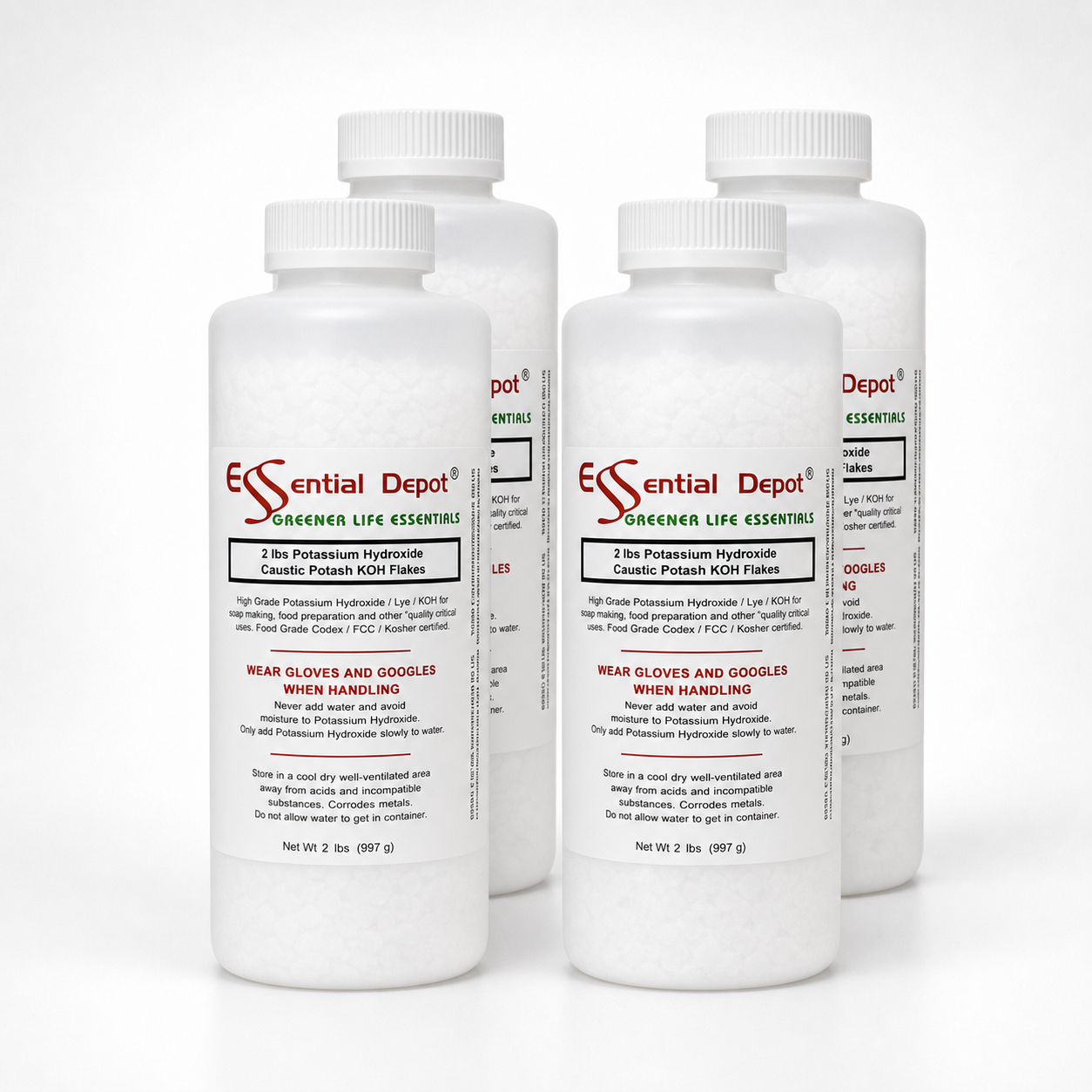 Potassium Hydroxide Flakes KOH, Caustic Potash Anhydrous KOH Dry - 8 lbs - 4 x 2lb Bottles