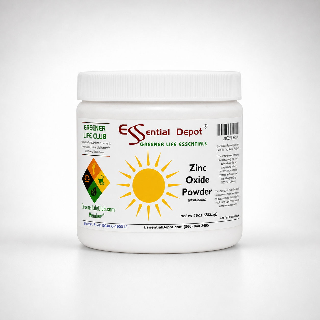 Zinc Oxide Powder - 10 oz - Non Nano ASTM D-4295 - safety sealed HDPE container with resealable lid
